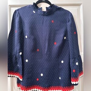 NWOT BODEN stunning polka dot & round neck navy / red top. Zipper back. Size 6.